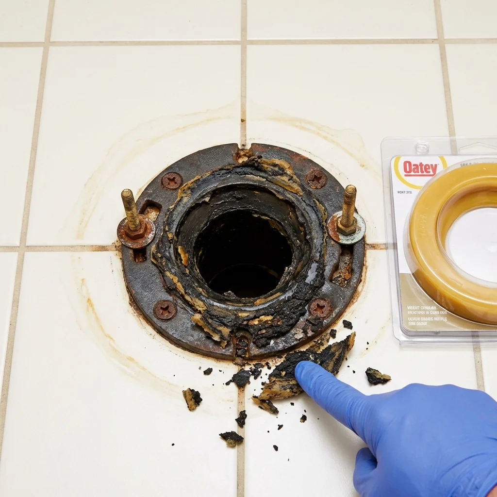 Failed wax ring showing water seepage at the base of a toilet in a Eunice, LA home